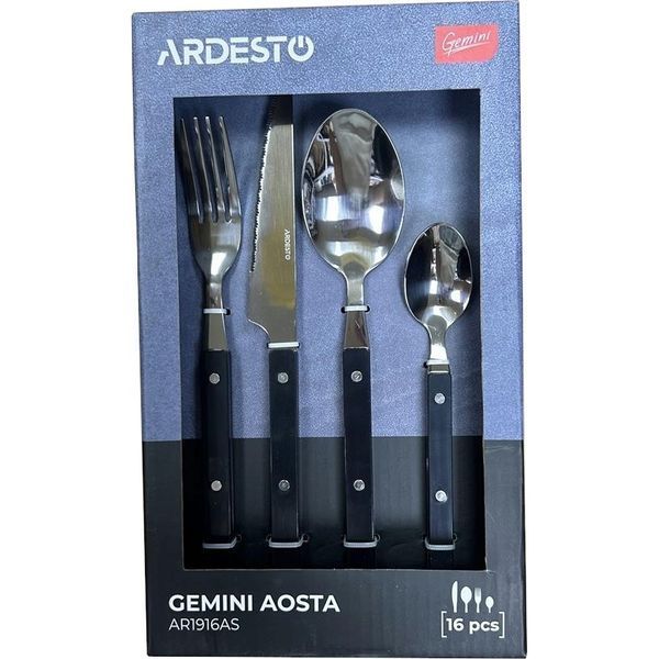 Набір столових приборів Ardesto Gemini Aosta, 16 приборів, нержавіюча сталь, пластик, чорний vt-AR1916AS фото
