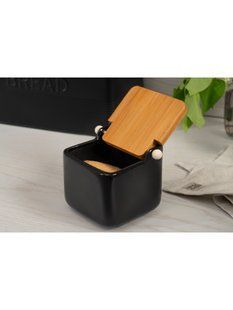 Цукорниця Ardesto Midori, 12*12*11 см, 840 мл, кераміка, бамбук, чорна vt-AR0907B фото