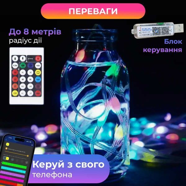 Розумна гірлянда Smart 250 LED довжина 2,5 м з керуванням смартфона прозора, мультиколор lg-1733044W фото