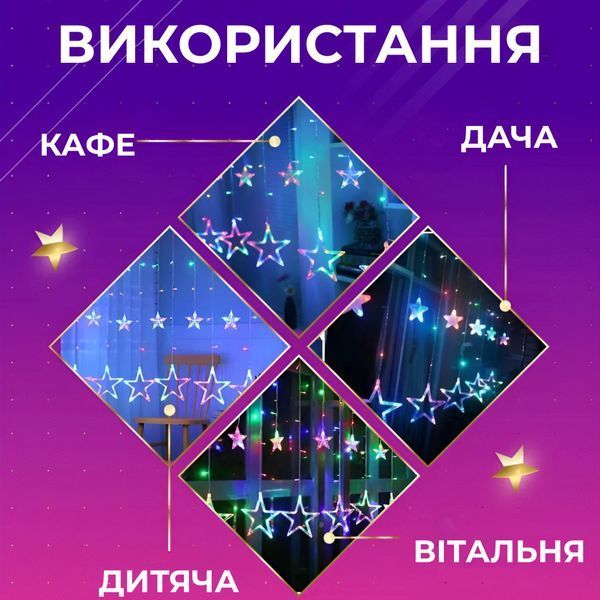 Гірлянда штора 3х0,7 м Зірки на 108 LED лампочок світлодіодна 6 великих та 6 маленьких зірок 9В 8 режимів lg-1733053ML фото