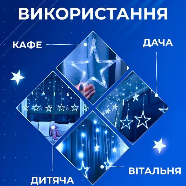 Гірлянда штора 3х0,7 м Зірки на 108 LED лампочок світлодіодна 6 великих та 6 маленьких зірок 9В 8 режимів Синій lg-1733054BL фото