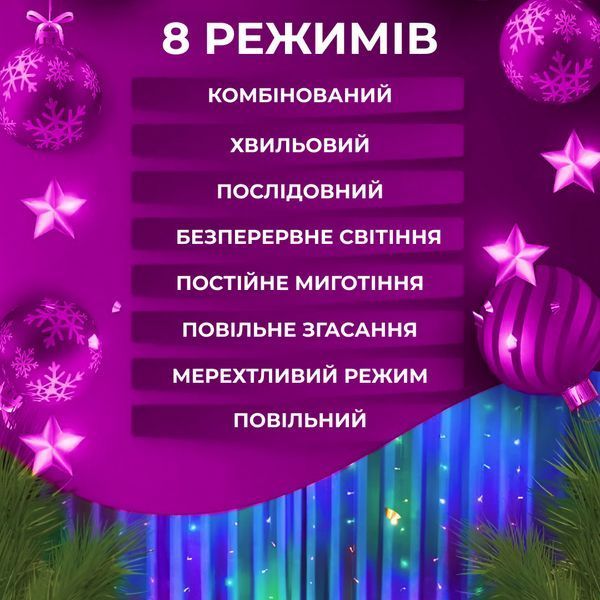 Гірлянда штора світлодіодна GarlandoPro 200LED Роса 3х3м 8 режимів 10 ниток гірлянда роса на ялинці lg-173305ML фото
