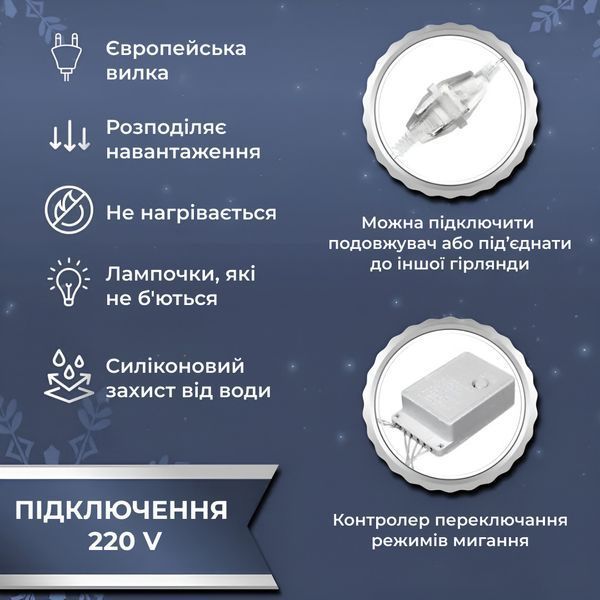 Гірлянда штора світлодіодна GarlandoPro 200LED Роса 3х3м 8 режимів 10 ниток гірлянда роса на ялинці Білий lg-173307W фото