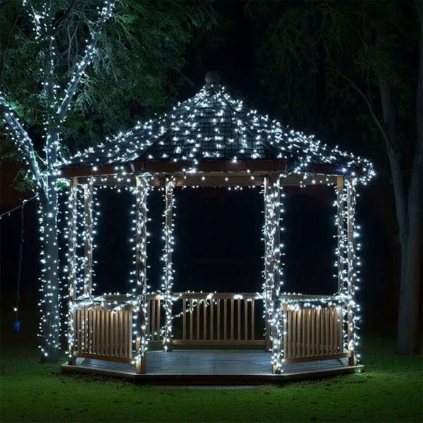Новорічна гірлянда вулична 100 м 1000 LED із сонячною батареєю 8 режимів роботи чорний провід Біле світло lg-SB1000L100MBW фото